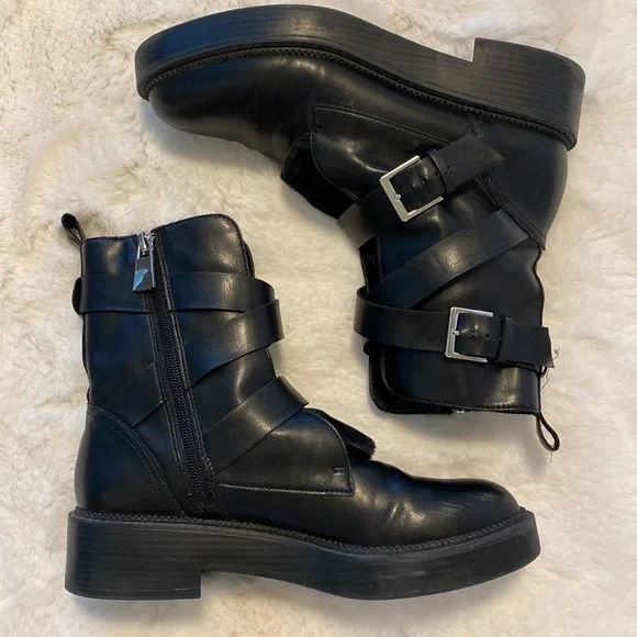 ☠️ ZARA TRAFALUC MOTO LEATHER & FAUX FUR EDGY BIKER BABE GRUNGE BUCKLE BOOTS - Picture 6 of 15